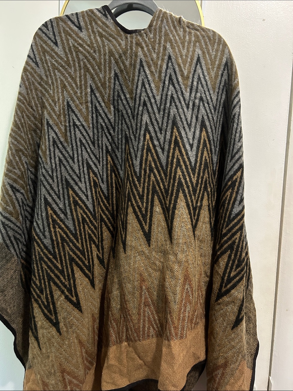 Chevron Knit Cape Poncho in Brown and Gray - Picture 3 of 4